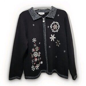 ALLISON DALEY Black Embroidered Snowflakes Sweater Cardigan Beaded Size L Petite